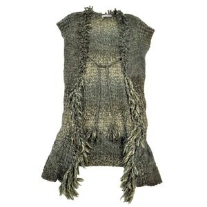 VTG Y2k KESSLEY Green Wool Blend Shaggy Fringe Knit Sleeveless Cardigan Vest